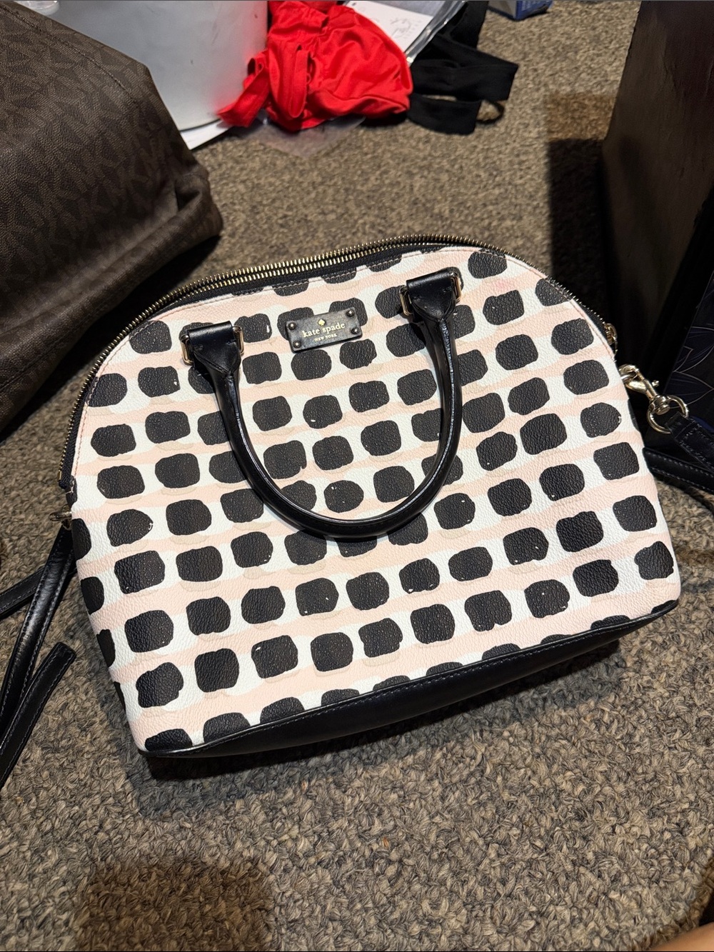 kate spade Pink and Black Dot Dome Satchel with Gold Hardware